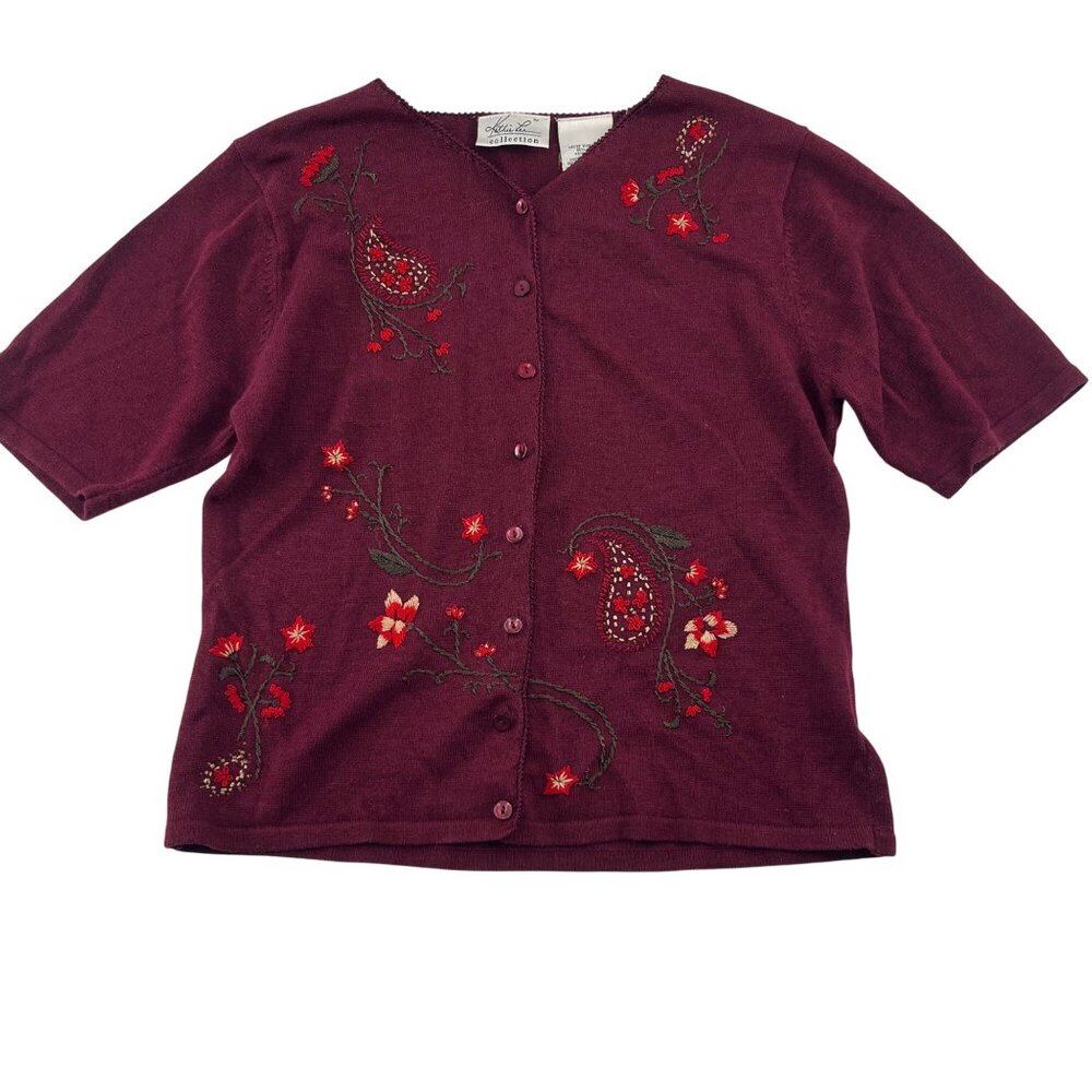 Kathy Lee Collection Women's Burgundy Embroidered Cardigan Sz Small Short Sleeve
